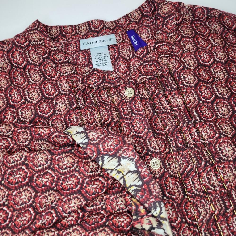 Catherines Blouse Women 1XWP Red Medallion Print Cotton Roll Tab Tunic Excellent